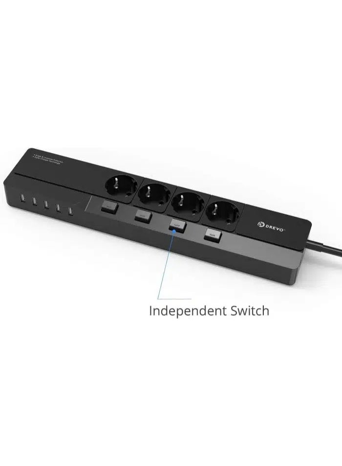 DREVO DP45 EU Power Strip Surge Protector - 4 Outlets with Individual Energy-Saving Switches - 5 High-Speed USB Charging Ports - 1.5m Heavy Duty Extension Cord - Fireproof Charging Station for Home & Office - Black - Image 2